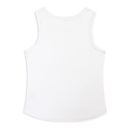 A white women's active tank top with a rounded hem and a logo on the back.