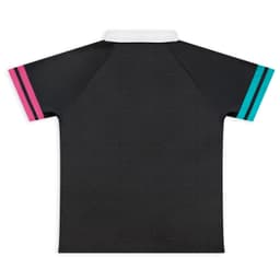 A black women's active polo shirt with pink and teal stripes on the sleeves and a white collar, featuring a logo.