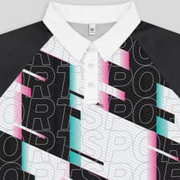 A custom women's active polo in black, white, and pink with a geometric design and a logo on the collar.