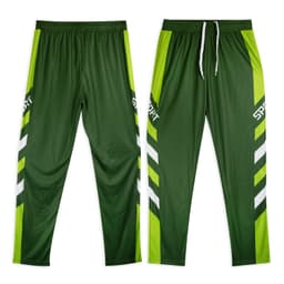 A pair of custom men's active pants in green with white and yellow accents, featuring a logo.