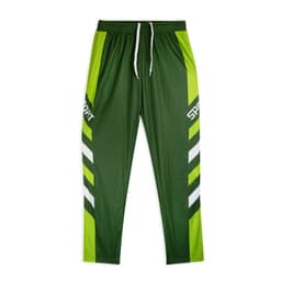 Custom men's active pants in green with white and lime accents, featuring a logo on the leg.