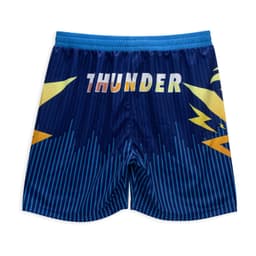 Active shorts in blue with a lightning design and a bold 'THUNDER' graphic. Features a logo on the waistband.
