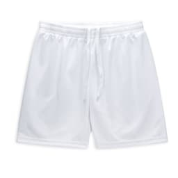 A pair of white men's active shorts with an elastic waistband and drawstring. Features a logo.