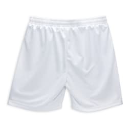 White active shorts featuring an elastic waistband and a plain design, with a logo on the back.