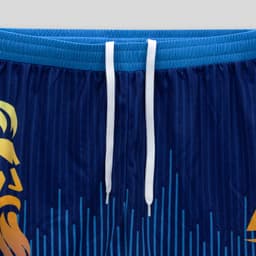 Custom men's active shorts in navy blue with a colourful lion graphic and white drawstrings. Features a branding logo.