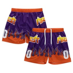 Custom women's active shorts in purple and orange with flame motifs and a logo.