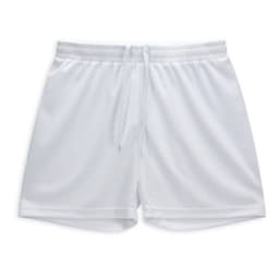 White women's active shorts with an elastic waistband and drawstring. Features a logo on the waistband.