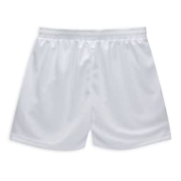 White active shorts with an elastic waistband and a smooth, lightweight fabric. The shorts have a logo on them.