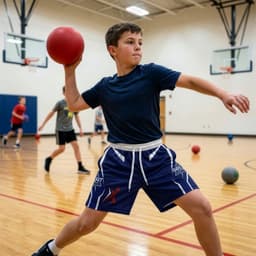 A boy wearing blue sports shorts and a black t-shirt throws a red ball in a gym setting. The image features other children in the background.