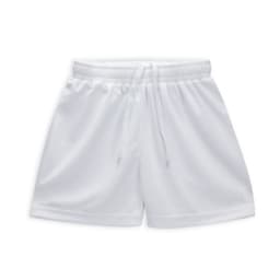 White custom youth active shorts with an elastic waistband and a drawstring. Features a logo.