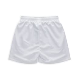 White youth active shorts featuring an elastic waistband and smooth fabric, with a logo displayed.