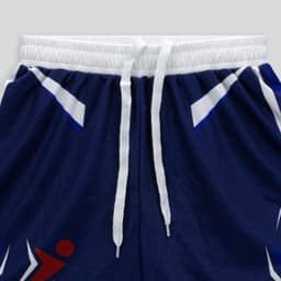 Custom youth active shorts in navy blue with white and red accents, featuring an elastic waistband and drawstring.