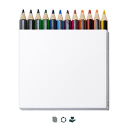 A box of 12 colouring pencils in various colours, featuring a simple design and a logo on the packaging.
