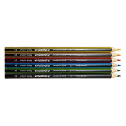 A set of six Staedtler colouring pencils in blue, red, yellow, green, black, and brown, featuring a logo.