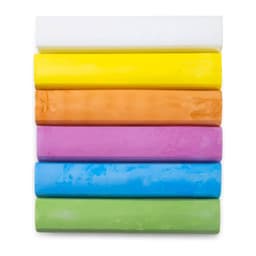 A set of assorted sidewalk chalk featuring white, yellow, orange, pink, blue, and green pieces stacked together.