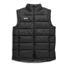A black unisex puffer vest with a branded logo and a front zip closure.