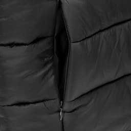 A black puffer vest featuring a zippered pocket, showcasing its quilted texture and sleek design.