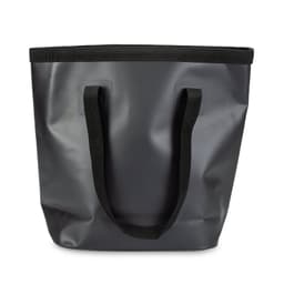 A black bucket bag with sturdy black handles and a waterproof design. It features a logo on the side.