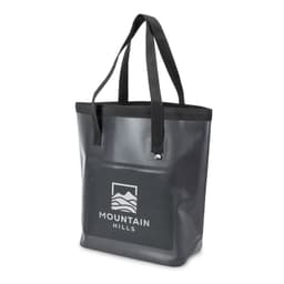 A grey bucket bag with black handles and a logo on the front. The bag has a waterproof design.