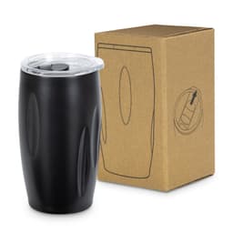 A drink bottle in matte black with a clear lid, next to a simple brown cardboard box, featuring a logo.