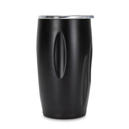 A drink bottle with a sleek black design and a silver lid, featuring an ergonomic shape. Includes branding.