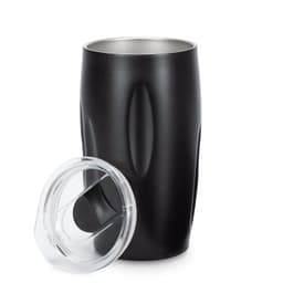 A drink bottle featuring a sleek black design with a clear lid, showcasing a modern vacuum tumbler style.