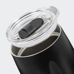 A drink bottle with a sleek black exterior and transparent lid featuring a sliding opening mechanism.