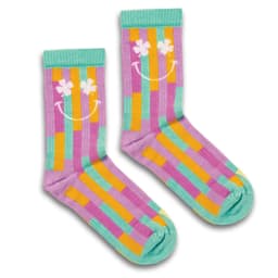 Colourful knitted bamboo socks in purple, turquoise, orange, and yellow with a smiley face and floral design.