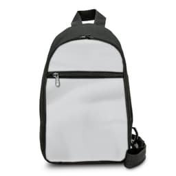 A black crossbody bag with a grey front, featuring a zippered pocket and an adjustable strap.