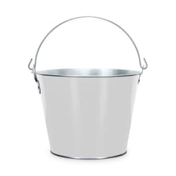 A white metal ice bucket with a silver handle and a shiny finish. It features a circular base and an open top.