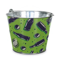 A metallic ice bucket featuring a vibrant green design with illustrations of bottles and caps, along with a logo.