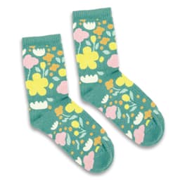 A pair of teal socks featuring a floral design in pink, yellow, and white, with a logo on one sock.
