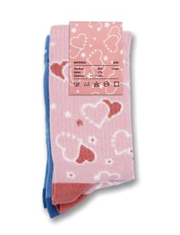 A set of two kids' socks featuring hearts, one pink with white and red hearts and the other blue with pink details.