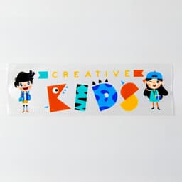 A vibrant sticker featuring colourful characters and the text "CREATIVE KIDS" in playful fonts. It has a glossy finish.