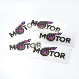 A collection of stickers featuring the word "MOTOR" in black with a graphic element in purple and pink, on a white background.