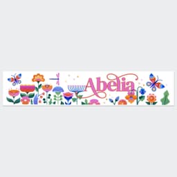 A colourful sticker featuring floral designs and butterflies, with a prominent logo in pink.