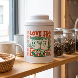 A white tea canister featuring a playful design with green cartoon cups and the phrase "Love Tea."
