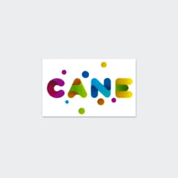 A vibrant sticker featuring the word "CANE" in bright colours, with textured, playful shapes and additional colourful dots.