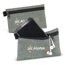A grey tech pouch with a zipper, holding a smartphone and earphones, featuring a logo on the front.