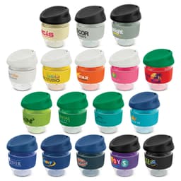 A collection of reusable coffee cups in various colours, featuring different lid styles and designs, including logos.