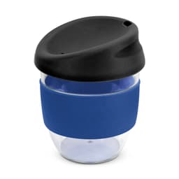 A drink bottle with a transparent body, blue silicone sleeve, and a black lid. It features a logo.