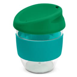 A drink bottle featuring a transparent body with a teal band and a green lid, designed for reusable coffee.