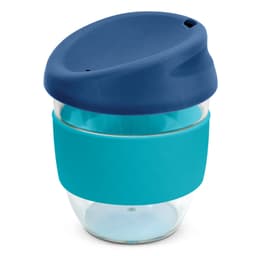 A drink bottle featuring a clear glass body, teal silicone sleeve, and a blue lid. It has a branding logo.
