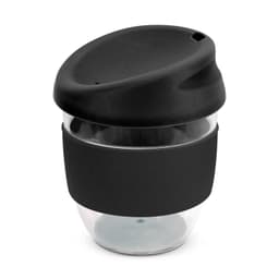 A drink bottle with a transparent base, black silicone sleeve, and a black lid. It features a logo on the sleeve.