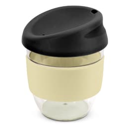 A drink bottle featuring a clear design with a beige silicone sleeve and a black lid. It has a logo.
