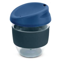 A drink bottle in navy blue and transparent, featuring a silicone sleeve and a lid, with a branding logo.