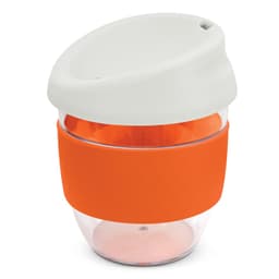 A drink bottle featuring a clear body, orange band, and a white lid, designed as a reusable coffee cup.