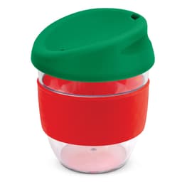 A drink bottle featuring a clear body with a red silicone band and a green lid. It has a logo.