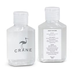 A clear, rectangular bottle of hand sanitiser gel, featuring a logo and a white flip-top cap. Contains 60ml.