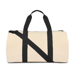 A beige heavy canvas duffle bag with black straps and a shoulder strap, featuring a logo.